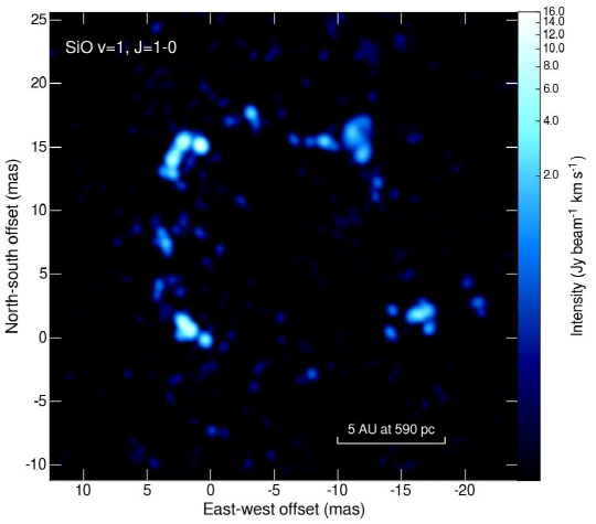 한일 공동 연구팀이 KaVA를 이용해 관측에 성공한 만기형 별(WX Psc) 주변에서 발생하는 일산화규소 메이저선의 모습으로, 링 구조를 띠고 있다.  천문연 제공